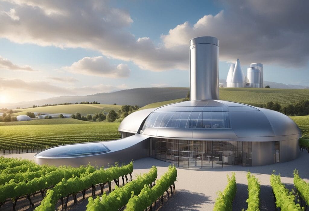 A futuristic wine cellar in the middle of a vineyard.