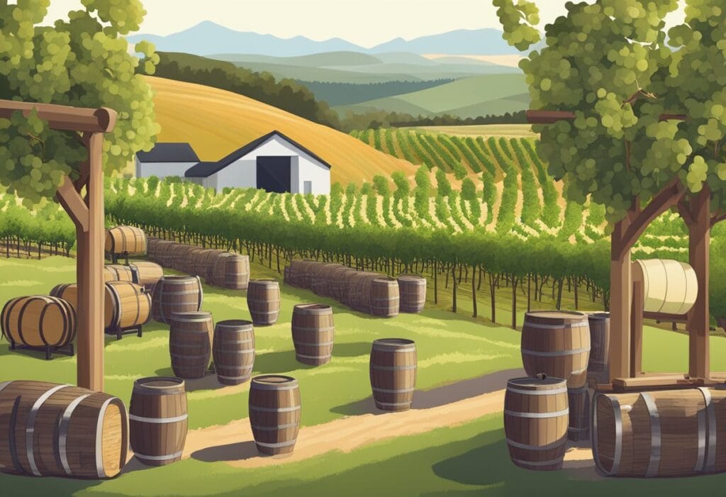 An illustration of a vineyard with barrels in the background.