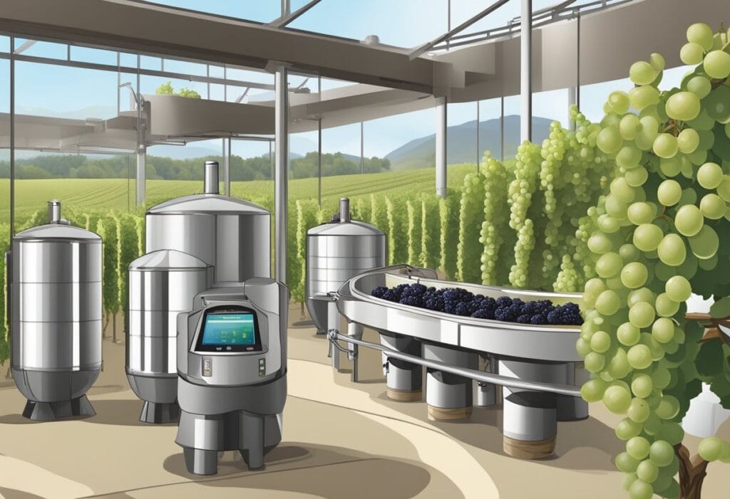 An illustration of a winery with tanks and grapes.