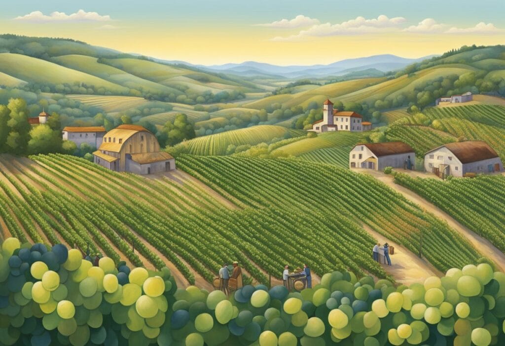 A painting of a vineyard in the countryside.