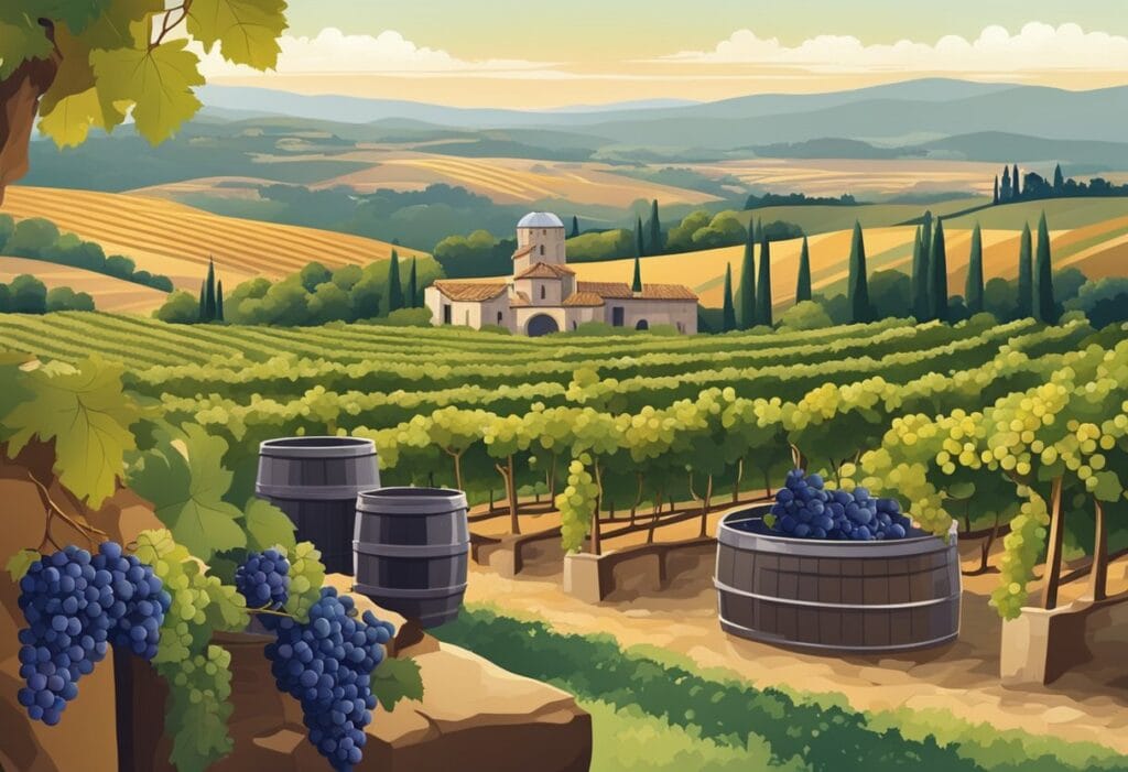 An illustration of a vineyard with barrels and barrels of grapes.