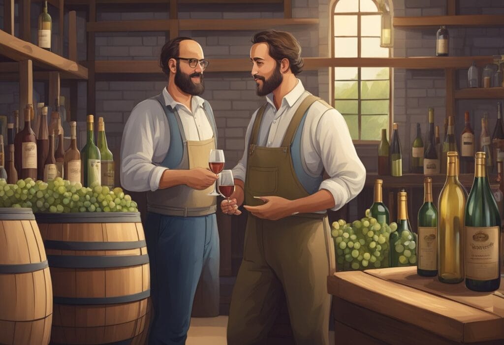 Two men standing in a wine cellar.