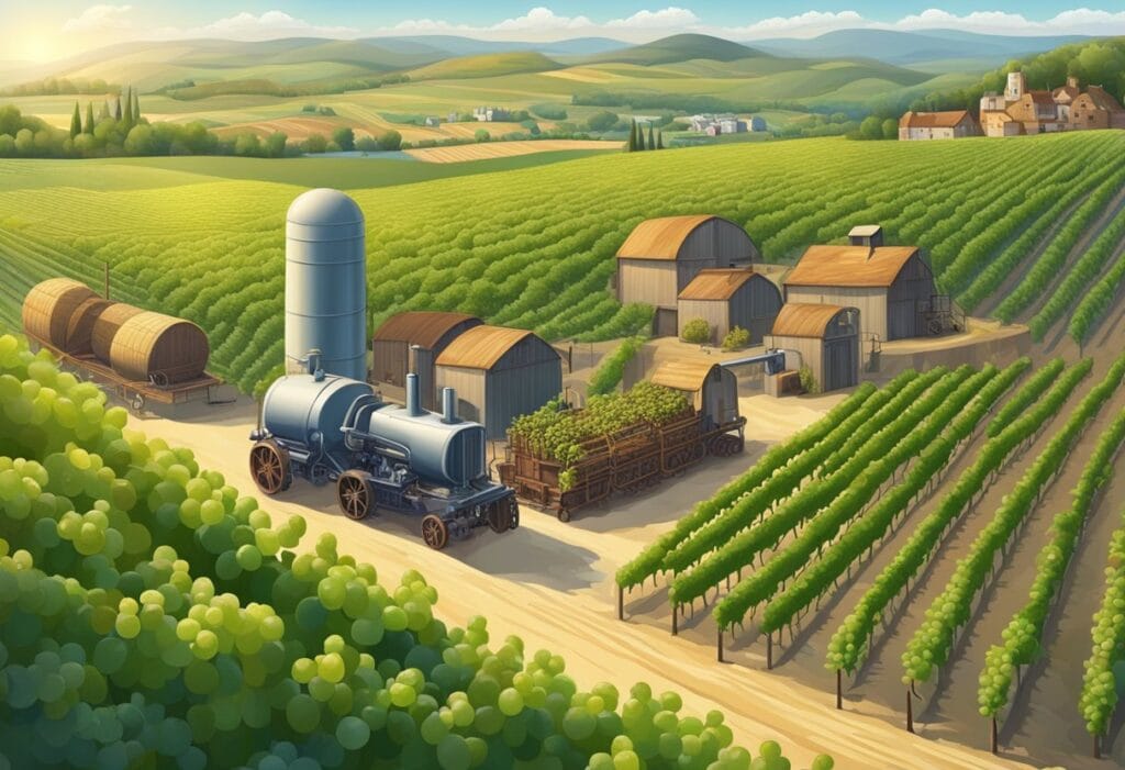 An aerial view of a vineyard with a train in the background.