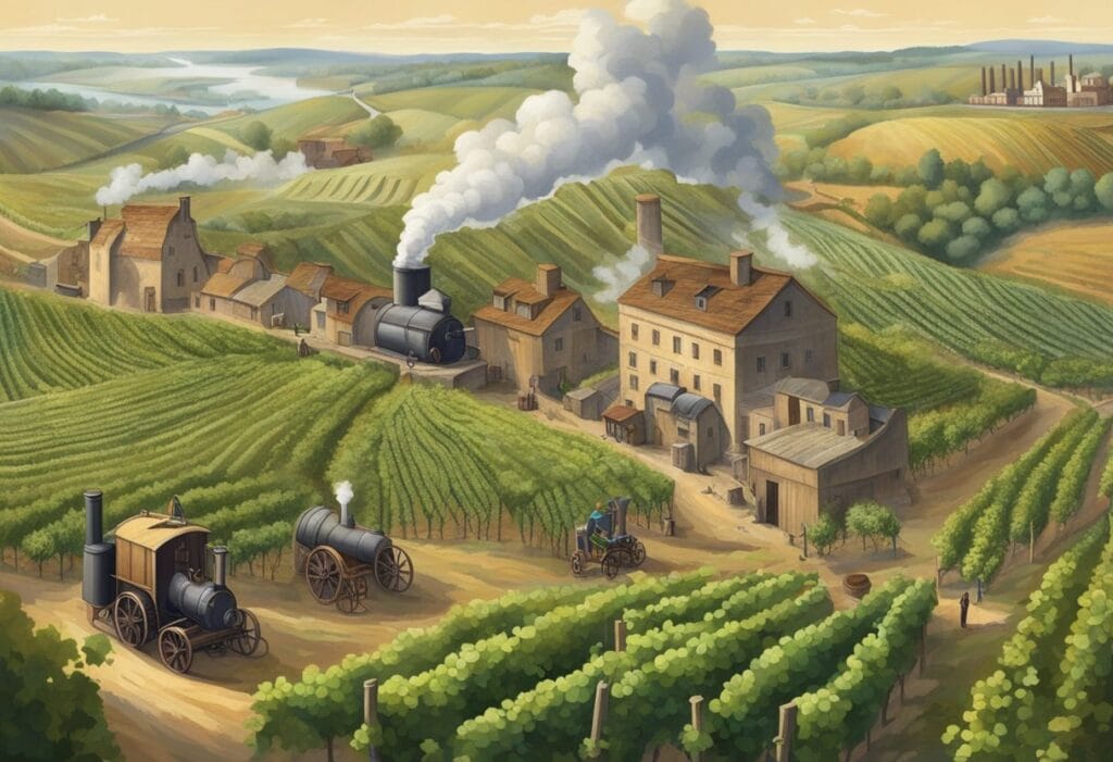 A painting of a steam train in a vineyard.