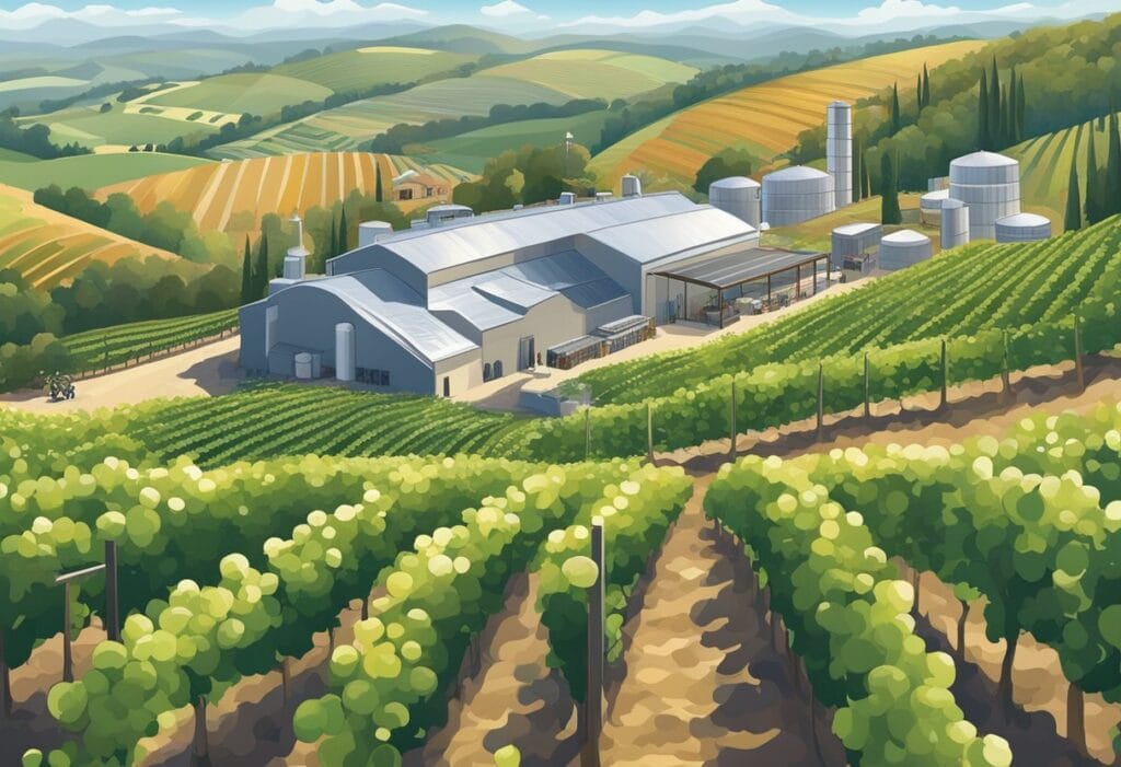 An illustration of a vineyard and winery.