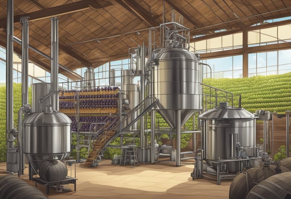 An illustration of a brewery with tanks and barrels.