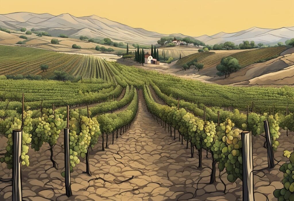 A painting of a vineyard in california.