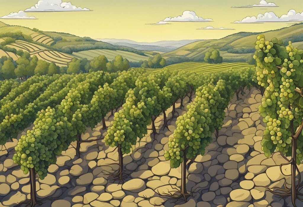 A painting of a vineyard with trees and rocks.