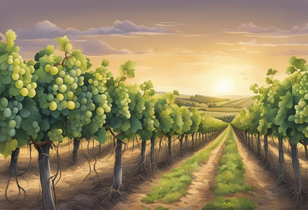 An illustration of a vineyard at sunset.