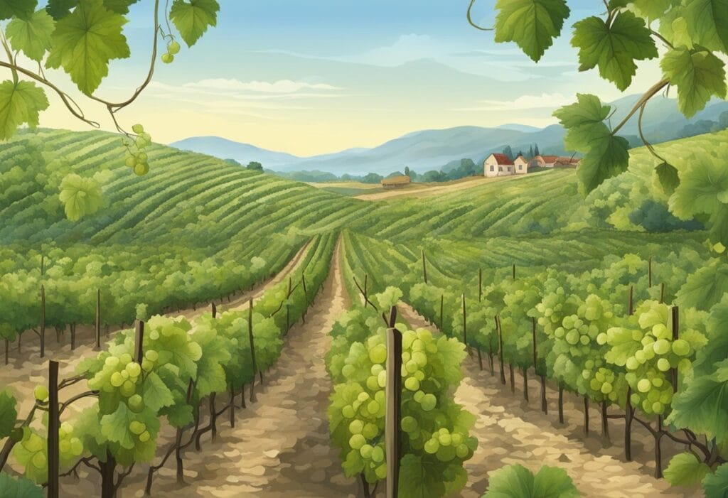 An illustration of a vineyard in the countryside.