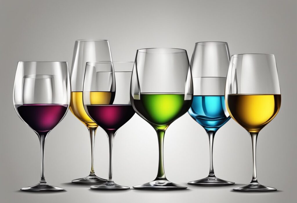 Colorful wine glasses on a gray background.