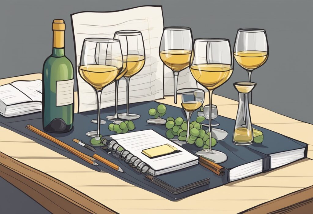 A drawing of a table with wine glasses and a notebook.