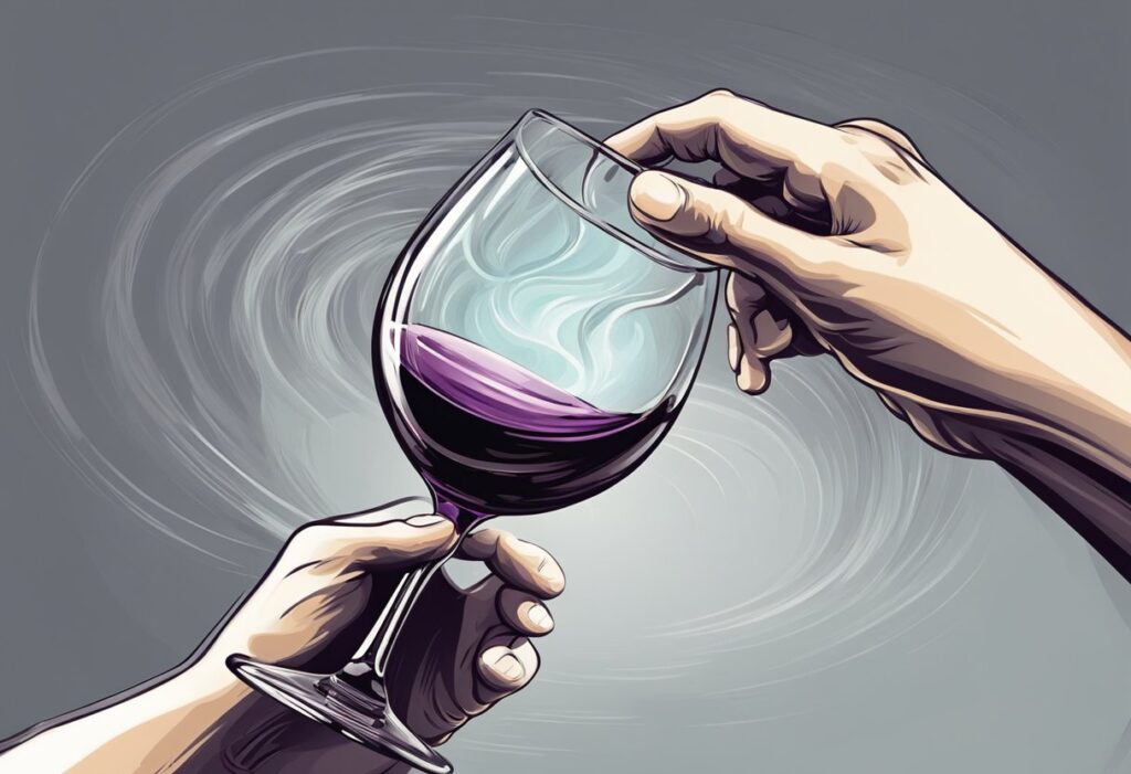 Two hands holding a glass of wine.