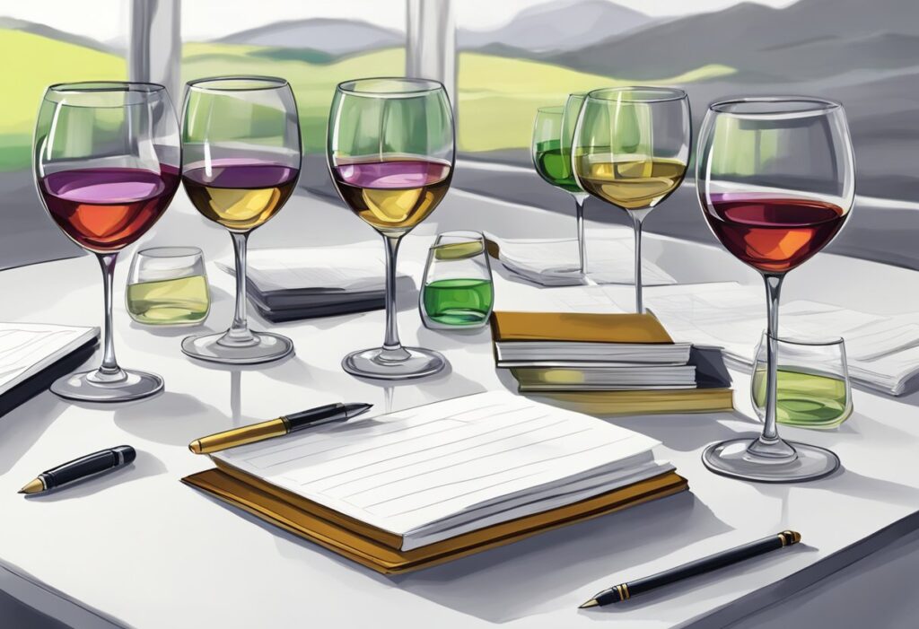 Four wine glasses on a table with a notebook and pen.