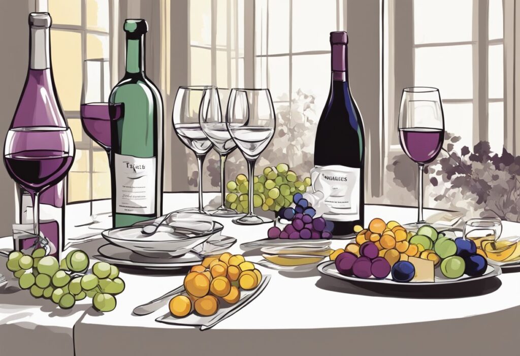 An illustration of a table with wine and grapes.