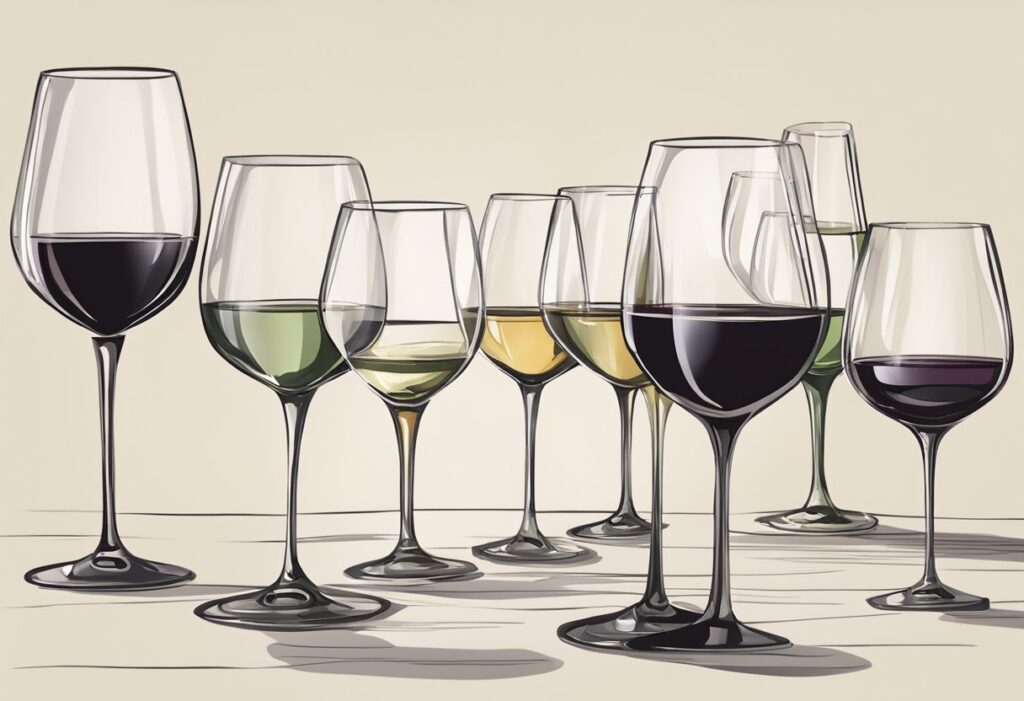 A set of wine glasses with different types of wine.