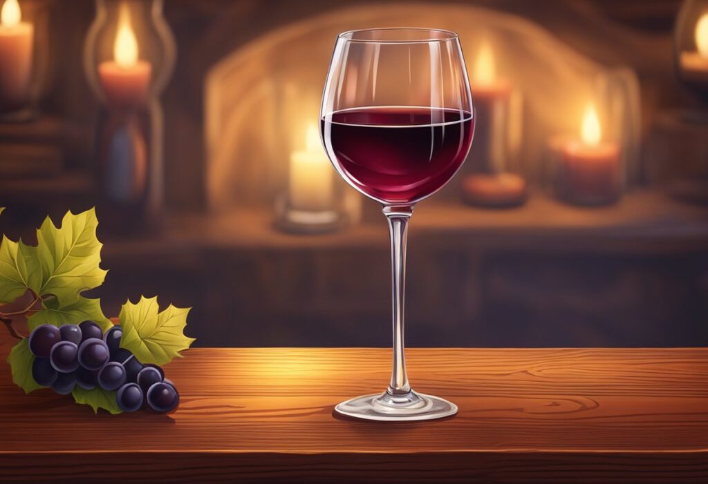 A glass of red wine on a wooden table in front of a fireplace.