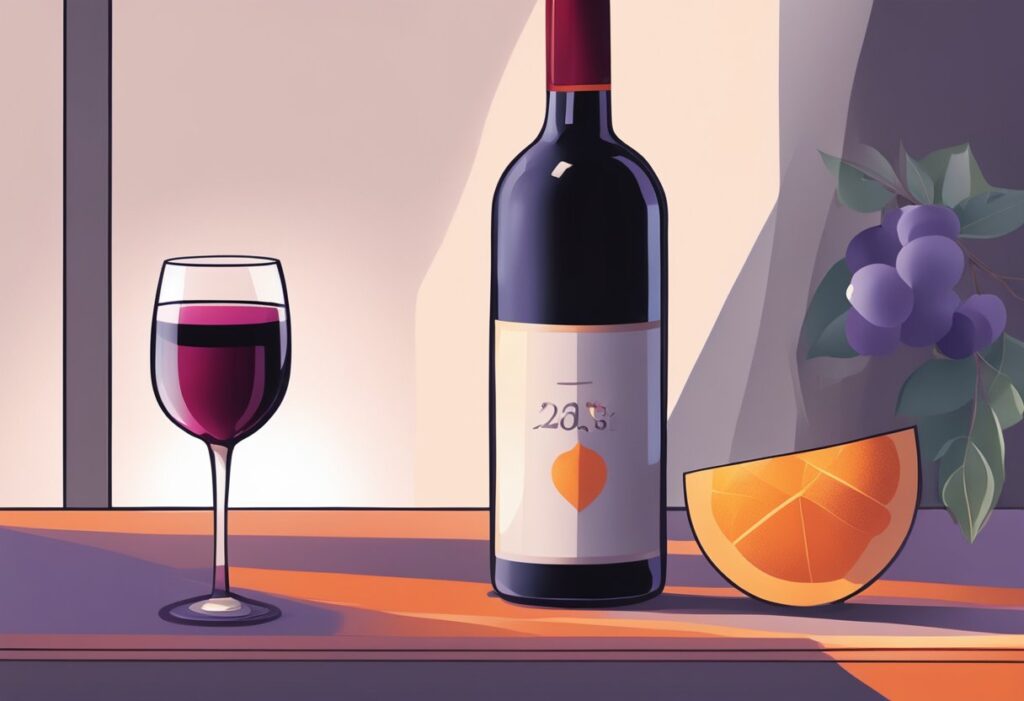 A bottle of wine and a slice of orange on a table.