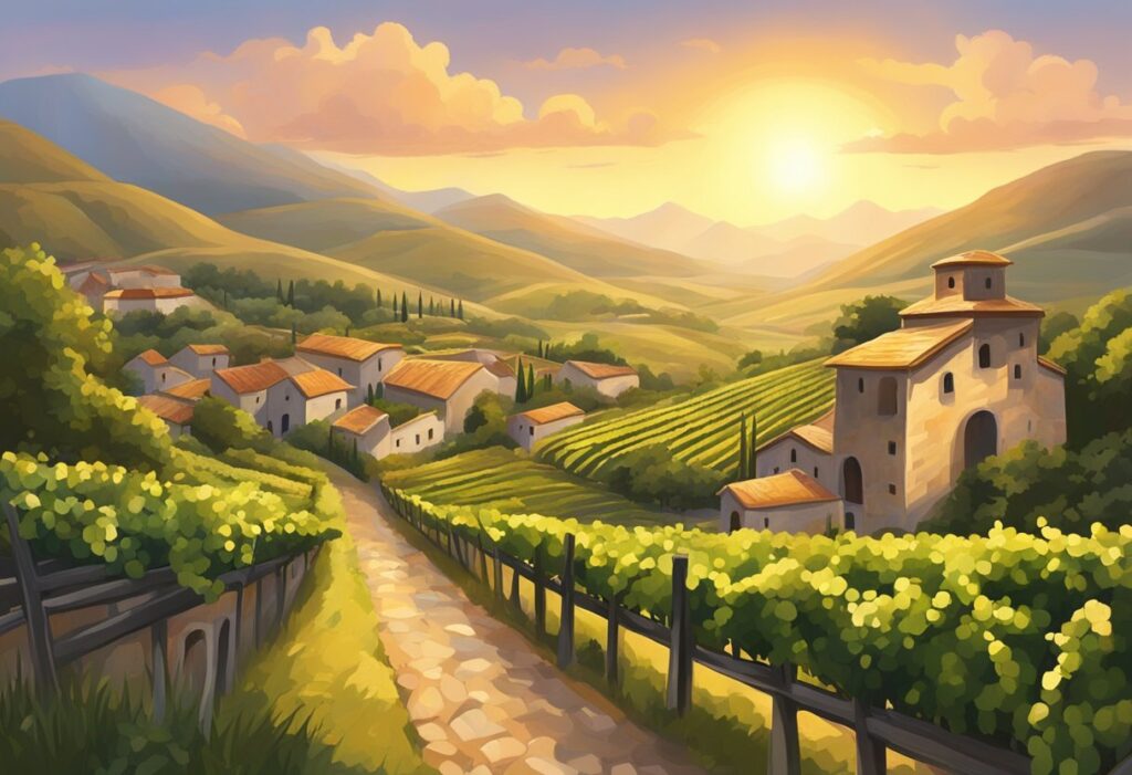 A painting of a vineyard and village at sunset.