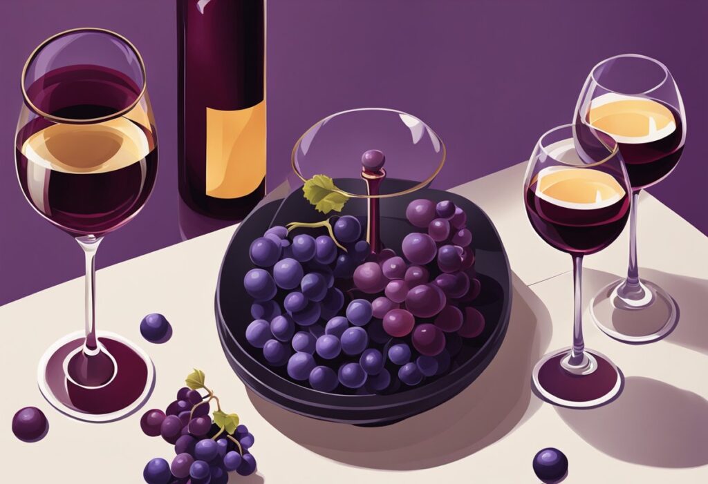 A painting of grapes and wine glasses on a table.