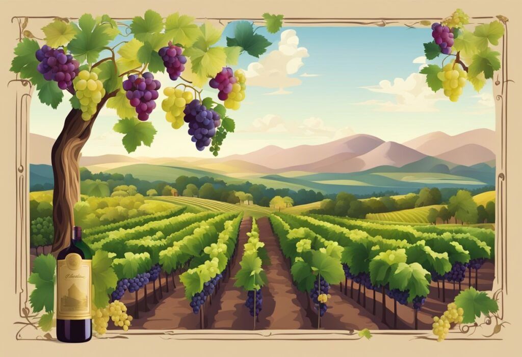 An illustration of a vineyard with grapes and a bottle of wine.