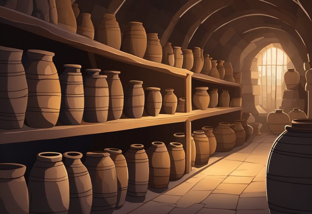 A room full of jars in a cave.