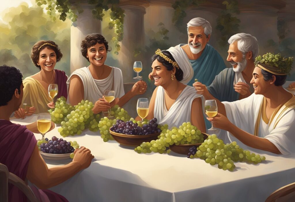 A painting of a group of people drinking wine at a table.