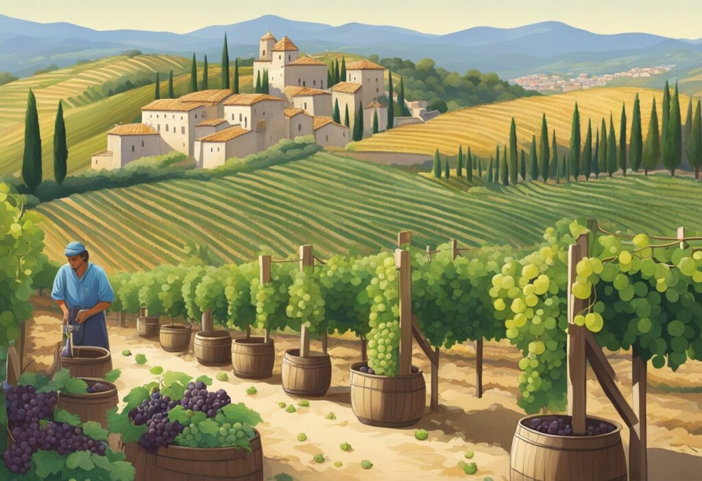 A painting of a vineyard in tuscany.