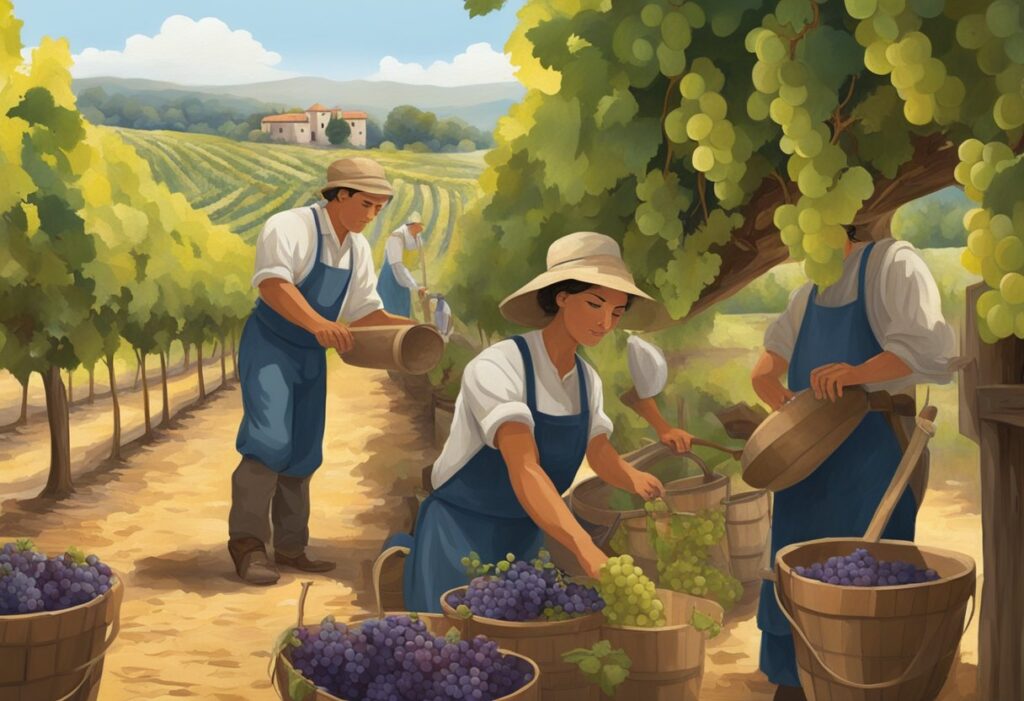 A painting of people picking grapes in a vineyard.