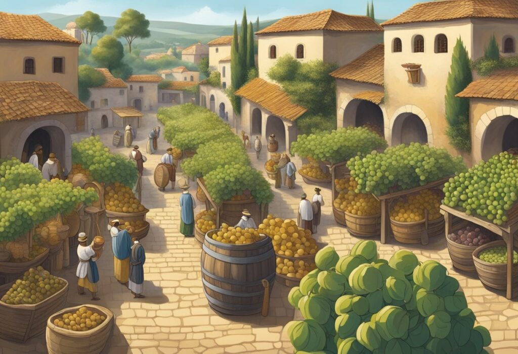 A painting of a market in a village.