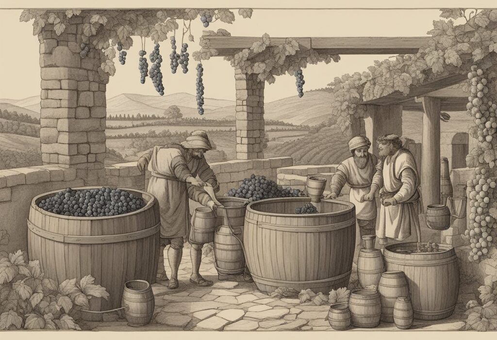 A black and white drawing of men harvesting grapes.