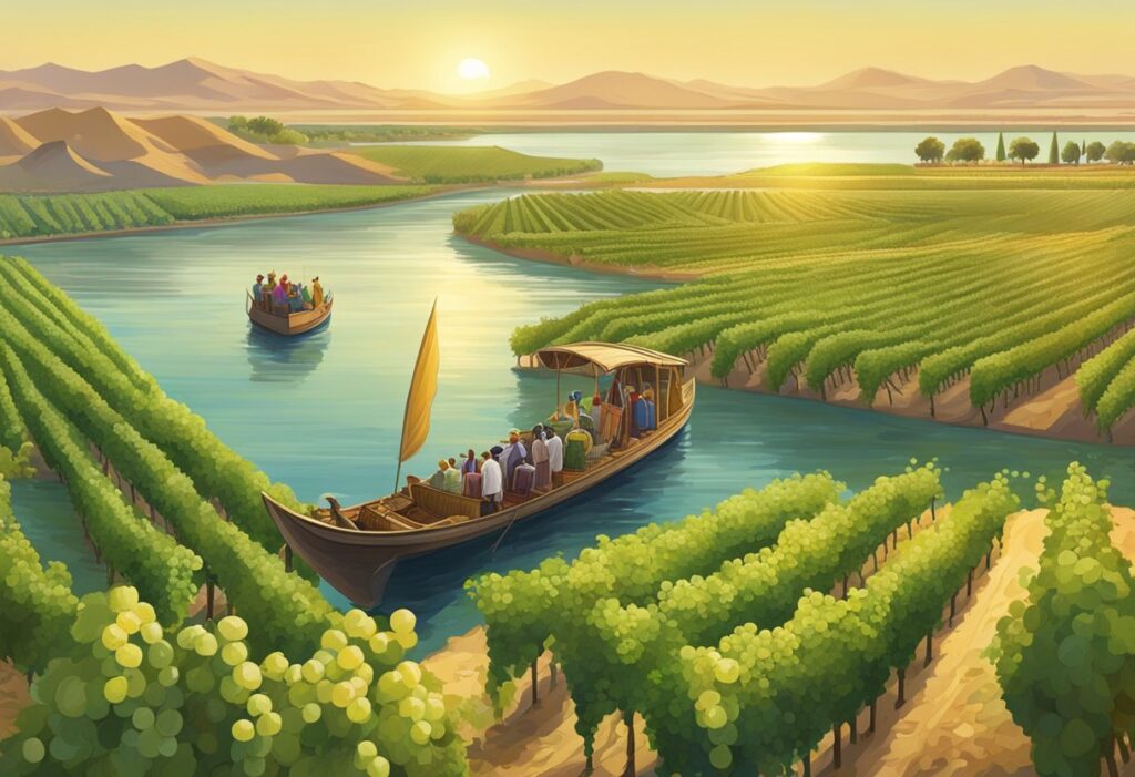 A boat is traveling down a river in a vineyard.