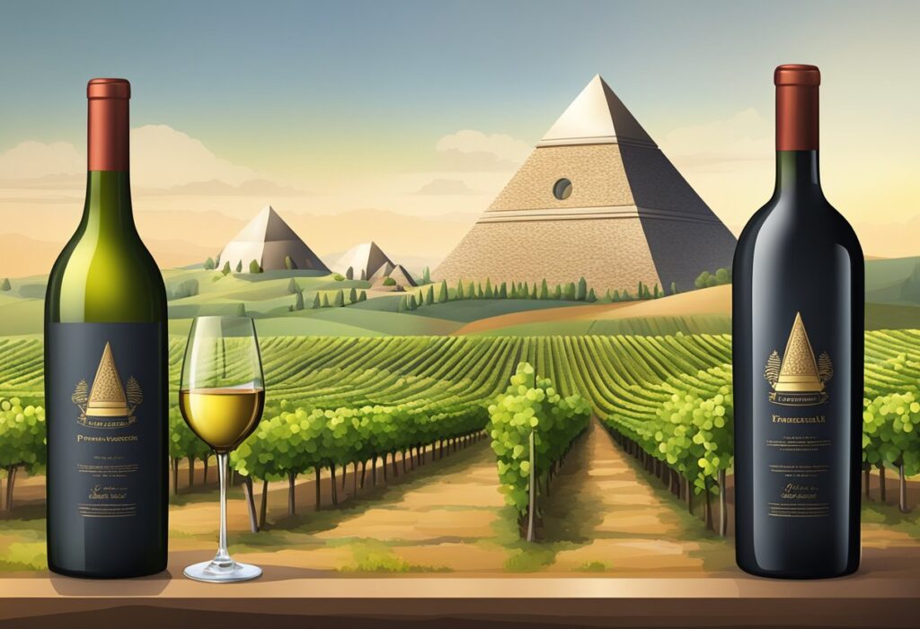 Two bottles of wine and a glass in front of pyramids.