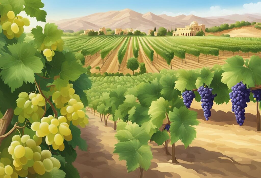 A vineyard with grapes and mountains in the background.