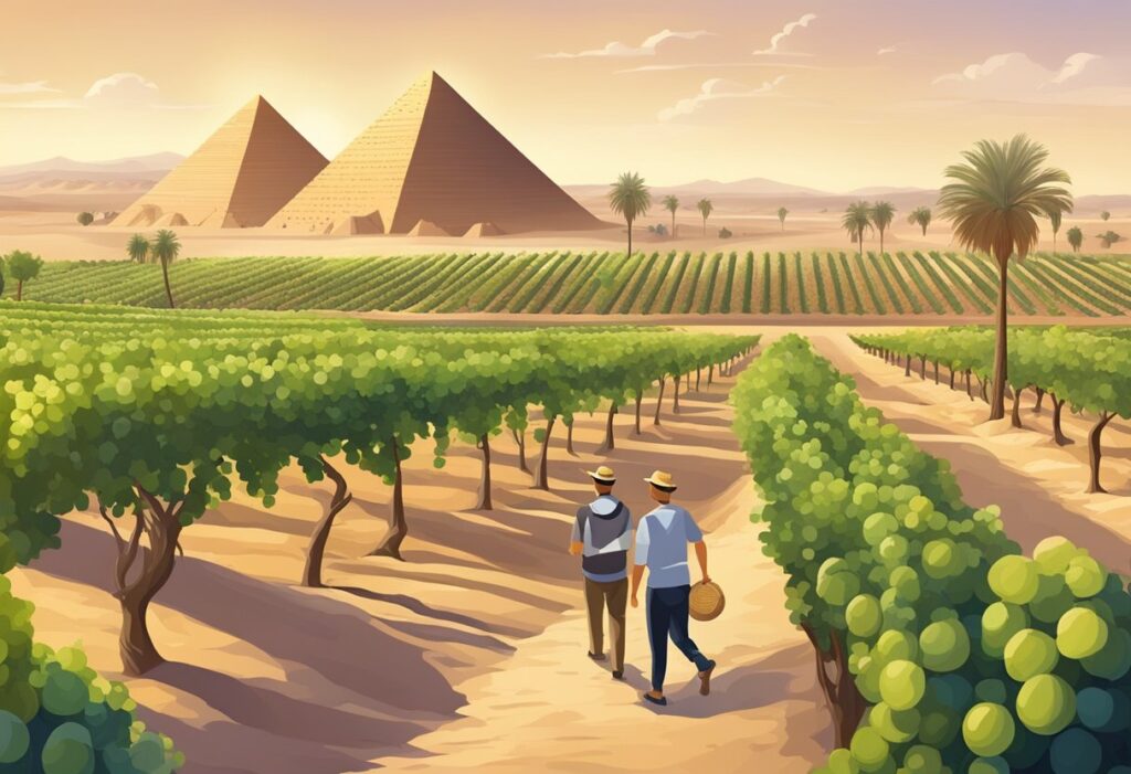 Two people walking through a vineyard in egypt with pyramids in the background.