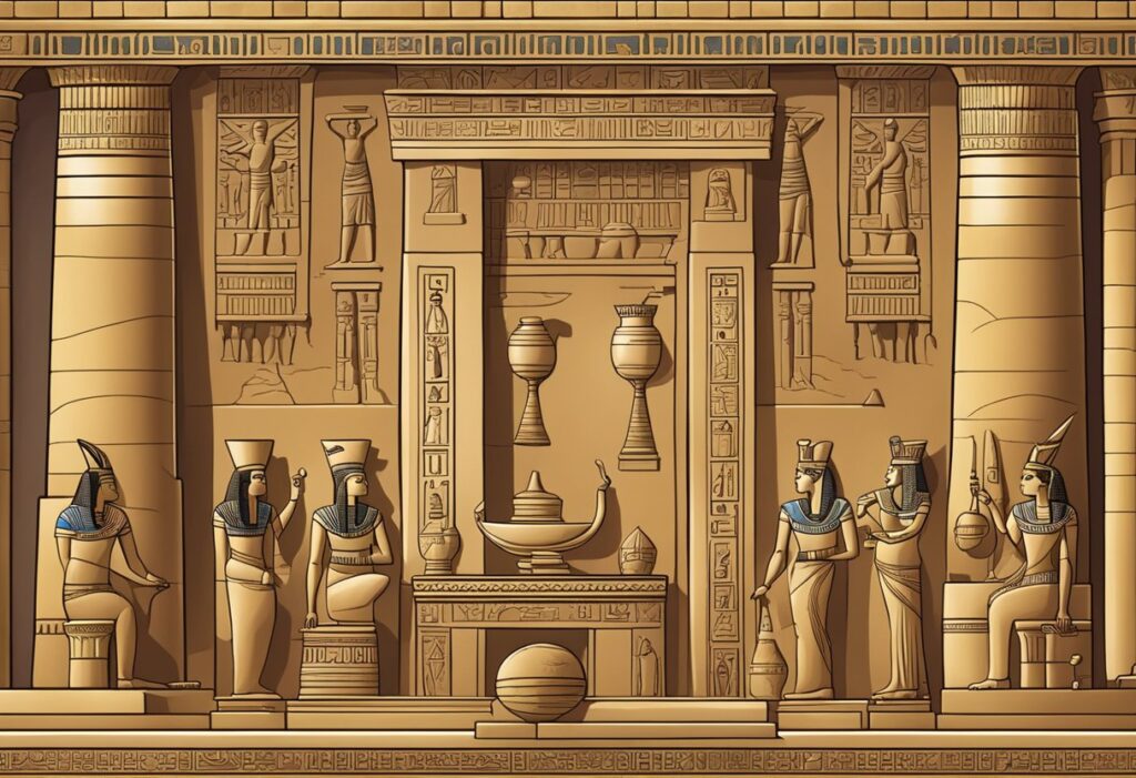 An egyptian temple with statues and statues.