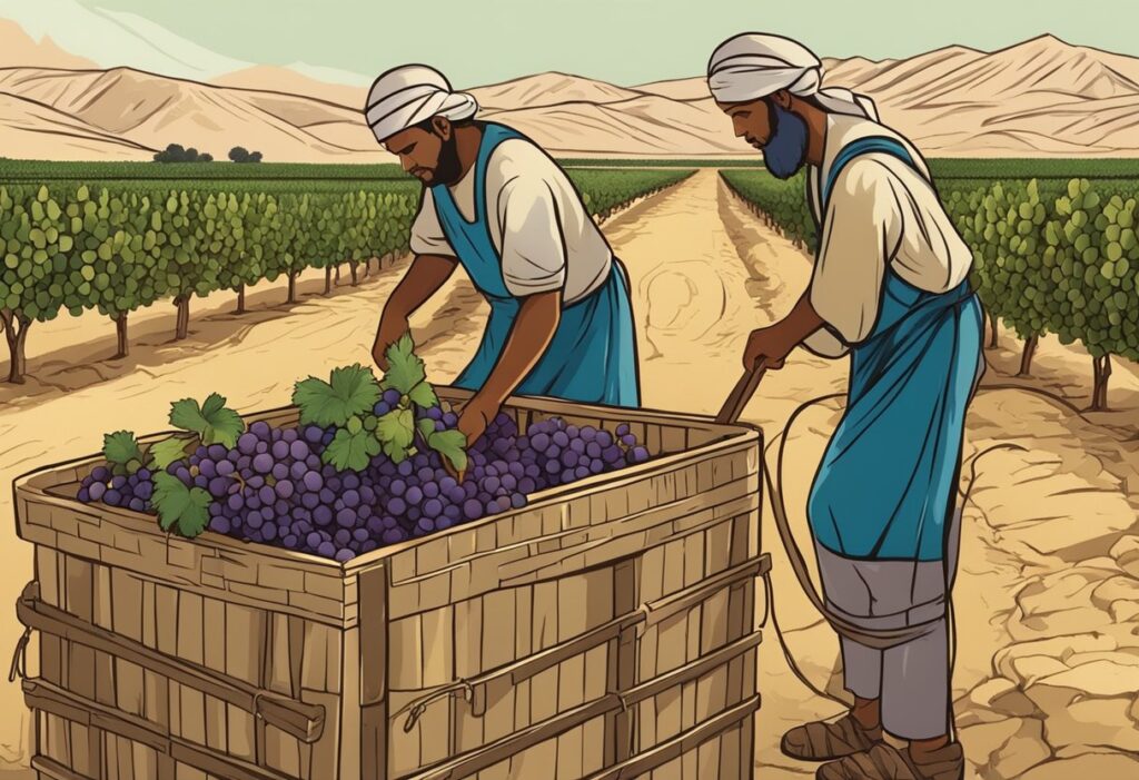 Two men are picking grapes from a crate.