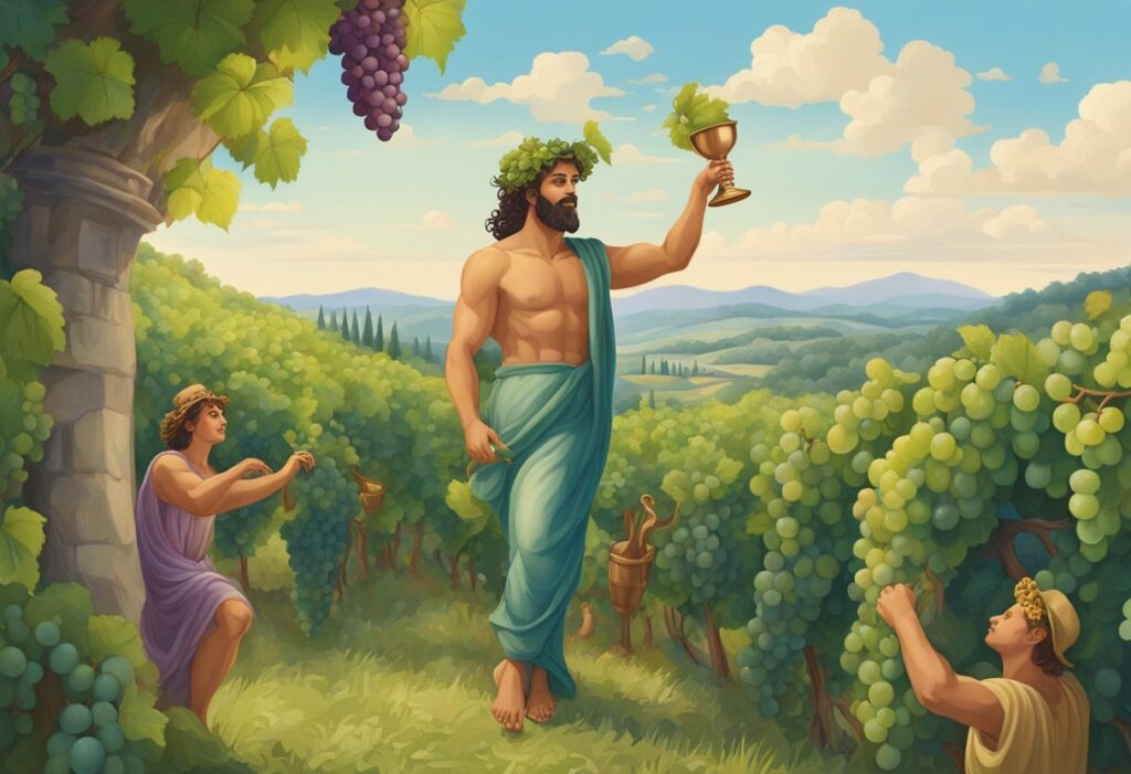 An illustration of a man in a vineyard holding a glass of wine.