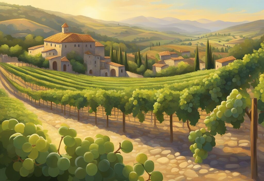 A painting of a vineyard in tuscany.