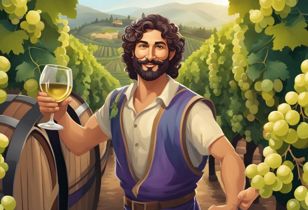 A man holding a glass of wine in front of a vineyard.