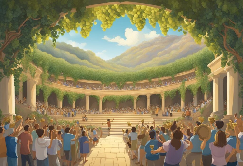 A painting of a theater with a crowd of people.