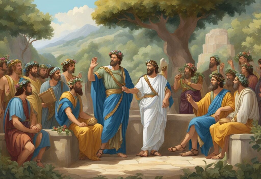 A painting of a group of men talking to jesus.