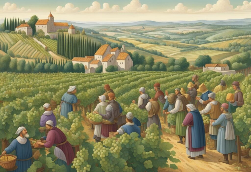 A painting of people in a vineyard.