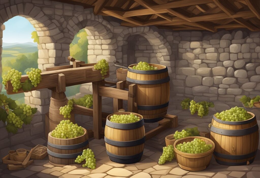 A wine cellar with barrels and barrels of grapes.