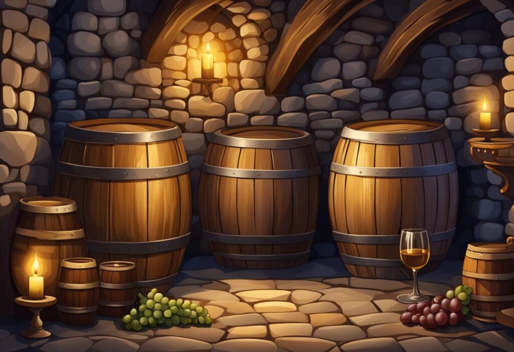 Wine barrels in a cave with candles and grapes.