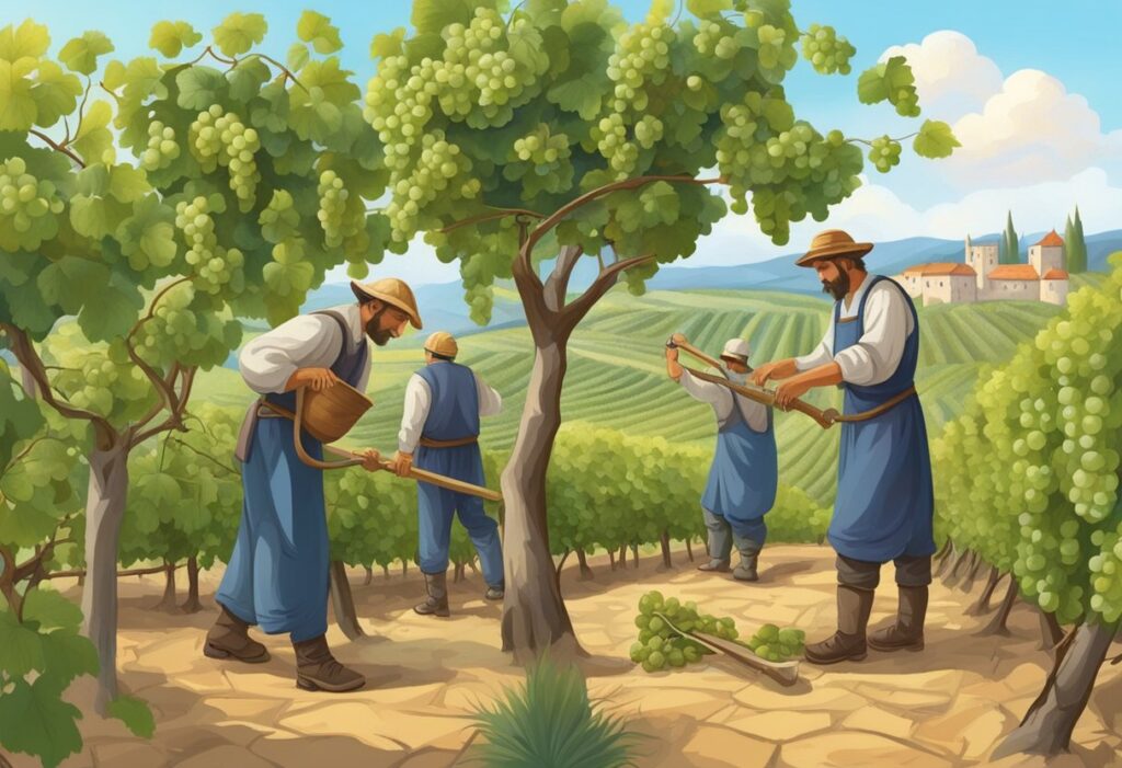 A group of men are working in a vineyard.