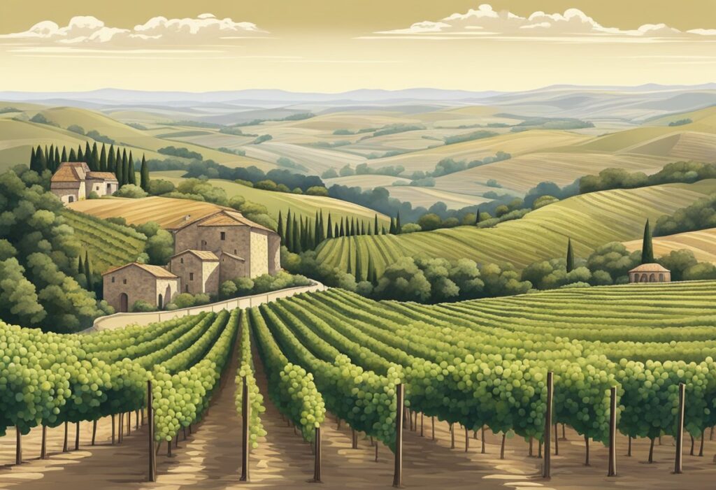 A painting of a vineyard in tuscany.