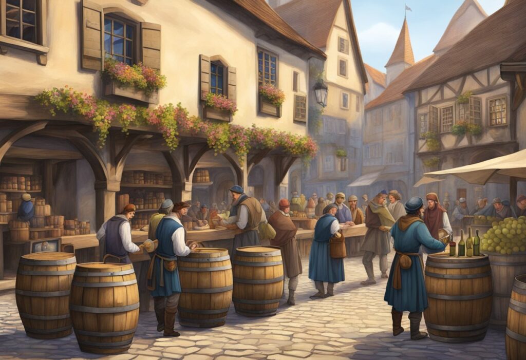 A painting of people in a town with barrels of wine.