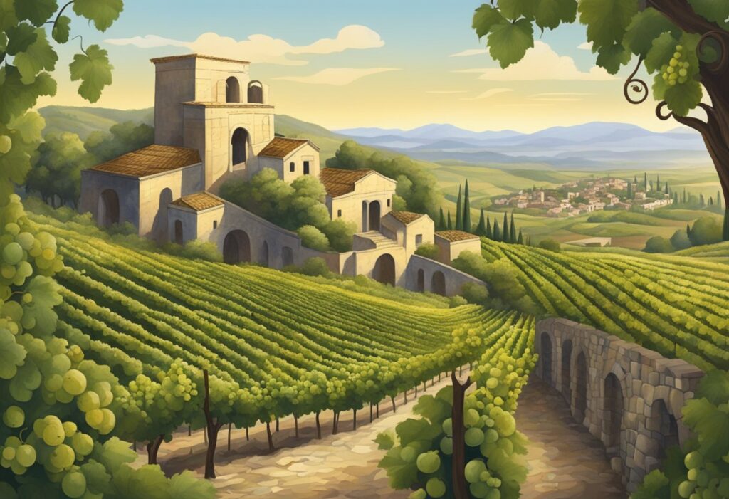 A painting of a vineyard in tuscany.