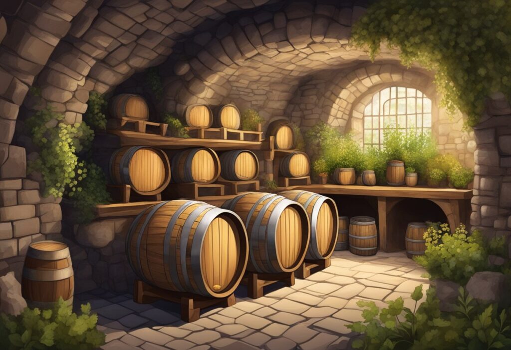 A wine cellar with wooden barrels and vines.
